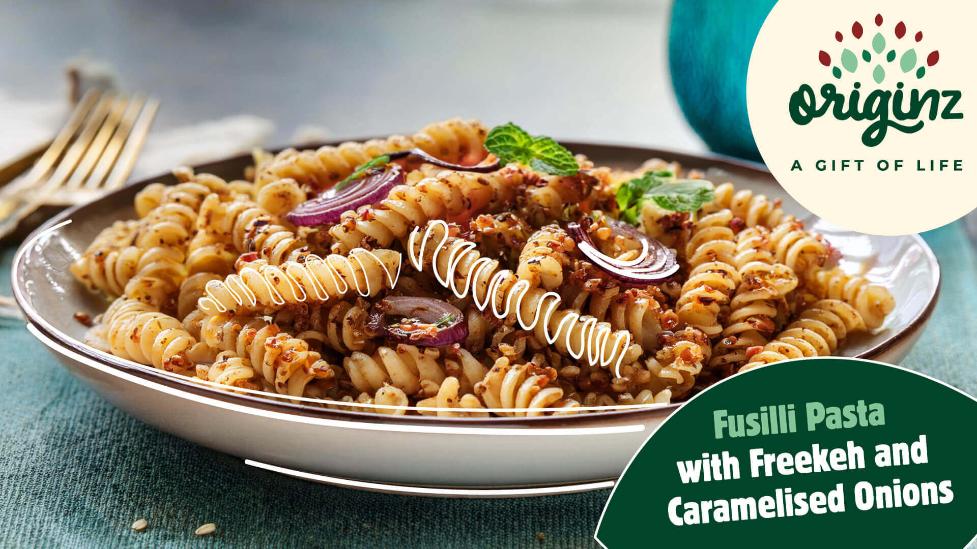 Fusilli Pasta with Freekeh and Caramelised Onions