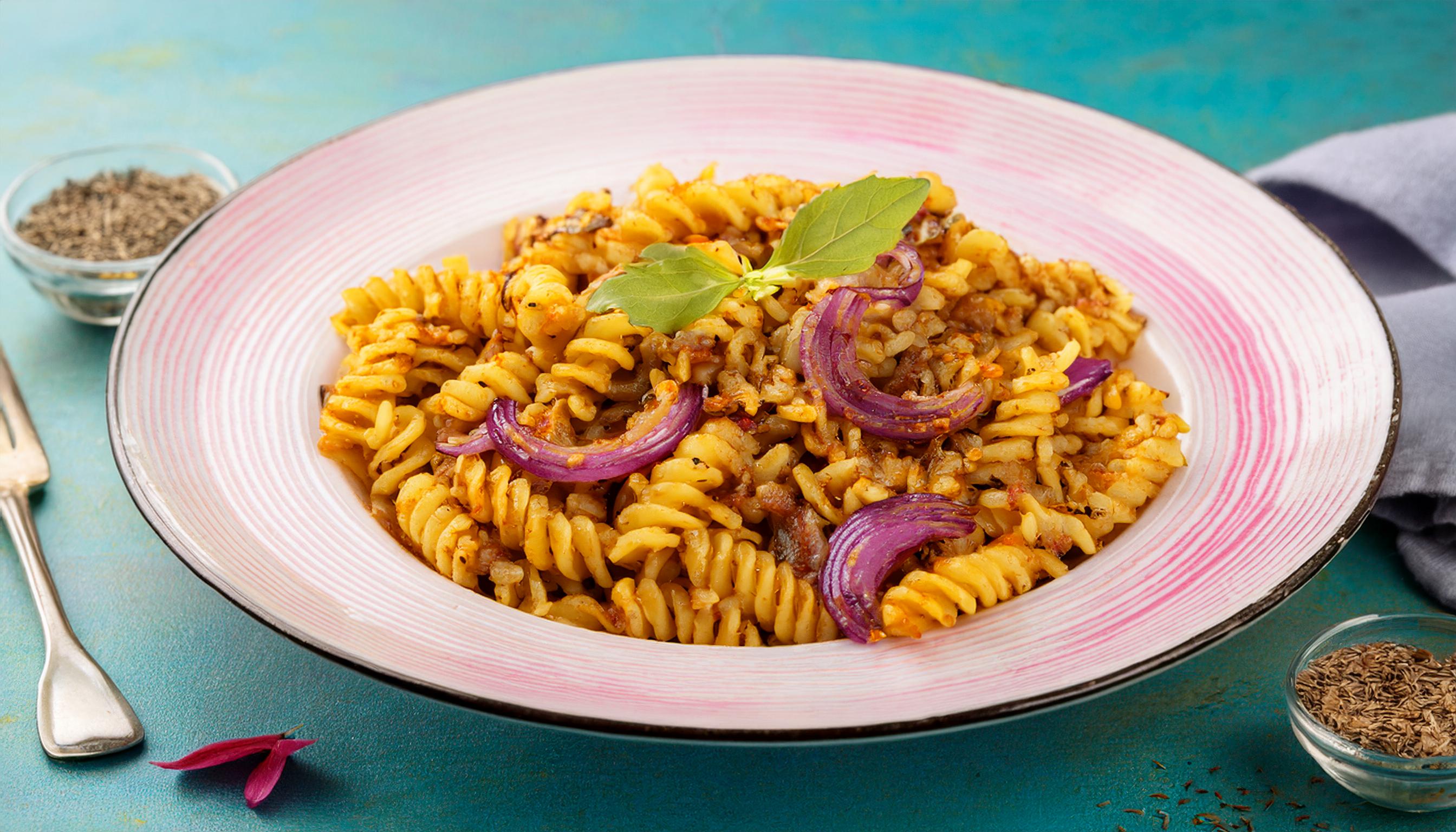 Fusilli Pasta with Freekeh and Caramelised Onions